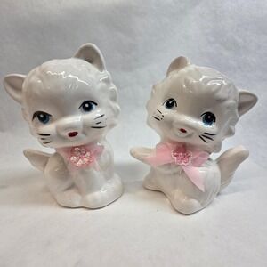 Vintage 1988 Miss Kitty Salt and Pepper Shakers Set White Bows Ceramic GUC